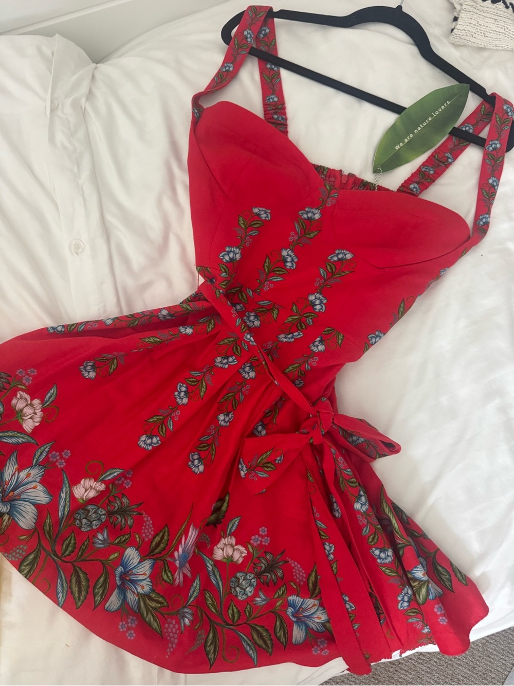 FARM Rio Red Floral Sweetheart Tie-Waist Mini Dress